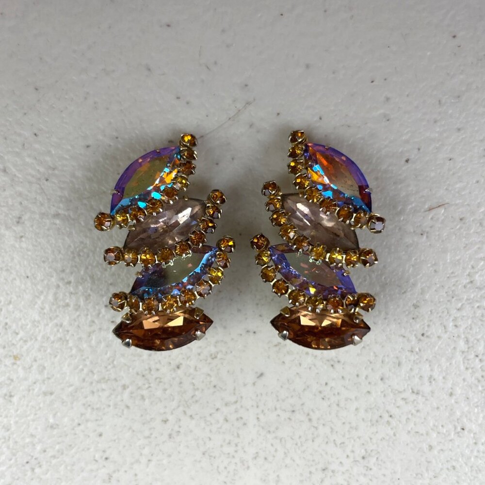 Vintage 1960s Iridescent Stone Clip Earrings Pink & Iridescent Crystal Clip Back